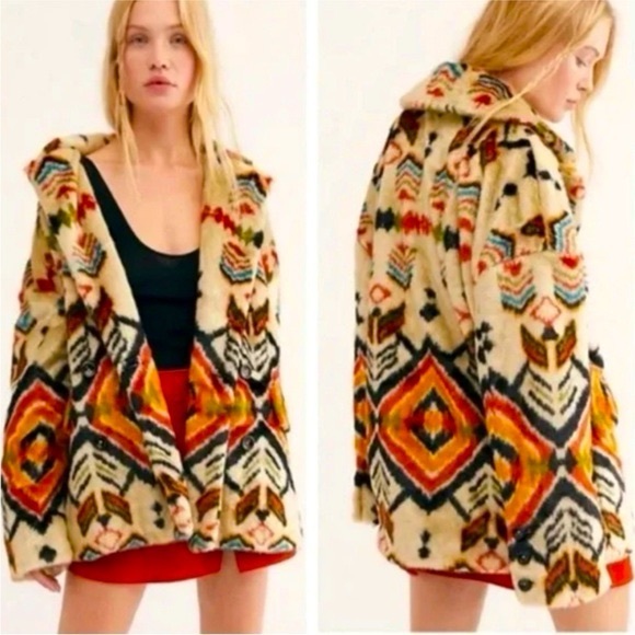 Vintage Free People Carmella Faux-Fur Coat Geometric Patterned Jacket